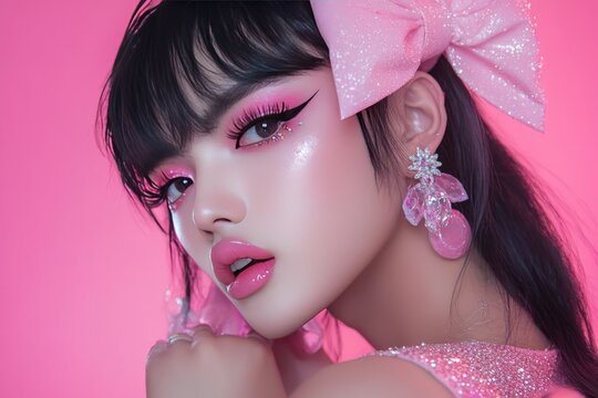 asian male makeup influencer,  wearing a lolita long bob hairstyle with a pink bow ,he has long lashes, [he has big plump pink glossy lips with liner,makeup is pretty,vibrant, bold and glittery