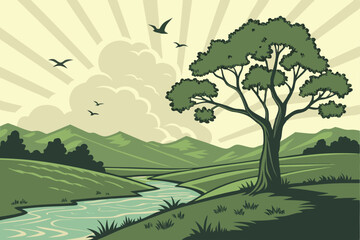 Fototapeta premium 26 Serene landscape, lush green fields, lone tree by river, distant mountains, vibrant sunset, rays of sunlight, fluffy white clouds, birds flying, peaceful countryside, digital art style, rich colors