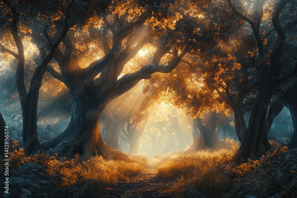 Poster enchanting forest scene with sun rays filtering through the trees creating a magical atmosphere view