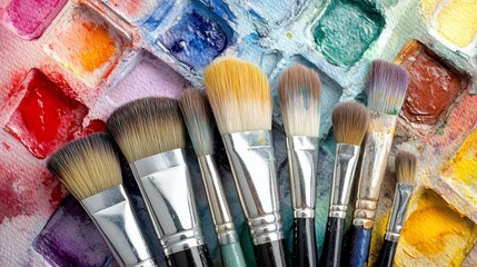 Fototapeta premium Collection of paint brushes arranged on a colorful watercolor palette backdrop