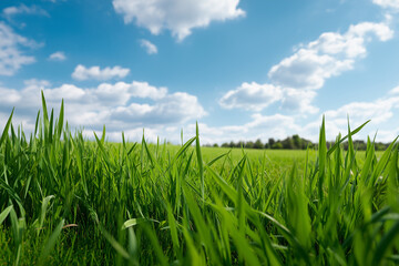 Obraz premium A green summer field with green grass and blue sky. 