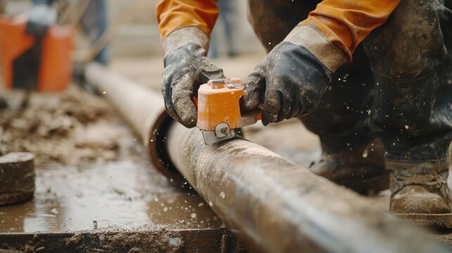 Construction worker cutting pipes at a building site. Featuring skill and safety