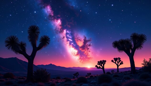 Vibrant sky full of stars with shooting meteor over silhouetted Joshua trees, astronomy, starry night
