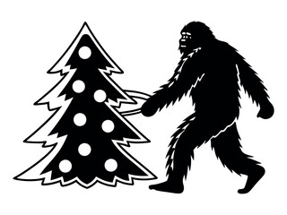 Bigfoot Silhouette Dragging Christmas Tree Vector Illustration