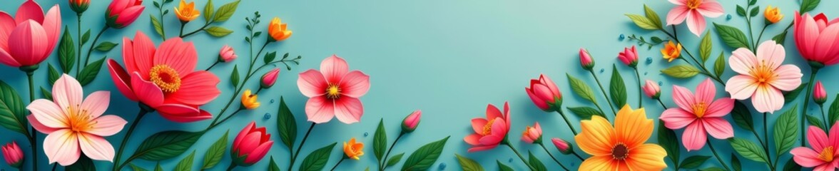 Vibrant spring flowers and leaves seamless pattern backdrop, season, foliage