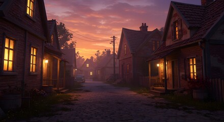 Fototapeta premium Sunset Glow Over Quiet Village Street with Brick Buildings and Lit Windows