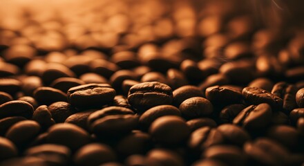 Fototapeta premium A warm, close-up shot of roasted coffee beans spread out, glowing under golden light, emphasizing their rich texture and inviting aroma.