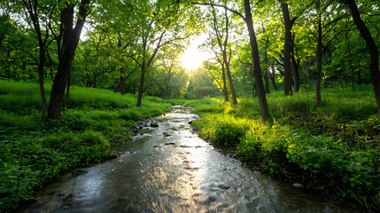 Sunlight Streaming Through Forest Over Creek