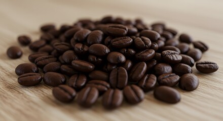 Obraz premium A pile of roasted coffee beans is arranged neatly on a neutral beige background, showcasing their rich, dark color and smooth texture.