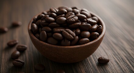 Fototapeta premium A wooden bowl filled with roasted coffee beans placed on a dark wood surface, with a few beans scattered around, creating a cozy and rustic vibe