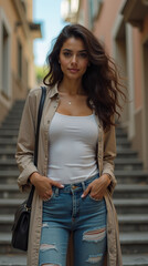 Beautiful woman is on the stairs.