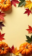 Vibrant squash and autumn leaves in a Thanksgiving background, decorative, colorful