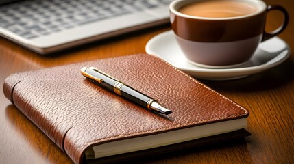 Brown Leather Notebook with Fountain Pen and Coffee