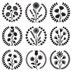 Set of circle floral frame with black silhouettes of meadow herbs. Floral wreaths. Element design. Vector illustration. with white background