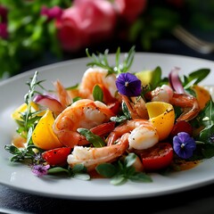 Seafood salad with prawns, tomatoes and herbs on a plate. grilled food, edible flowers, selective focus.