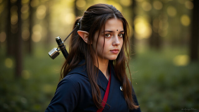 Portrait of a young woman dressed as an elf in a forest setting, fantasy cosplay