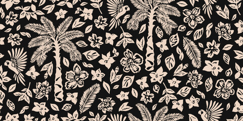 Tropical pattern with freehand drawn palm trees. Hawaii summer background organic shapes black and white for fabric, textiles, clothing, poster, cover, decor, banner, wallpaper. Vector illustration.