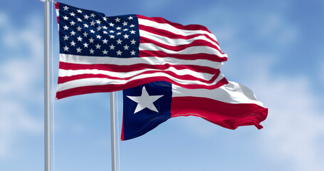 Texas and American flags waving together in blue sky. 3D render