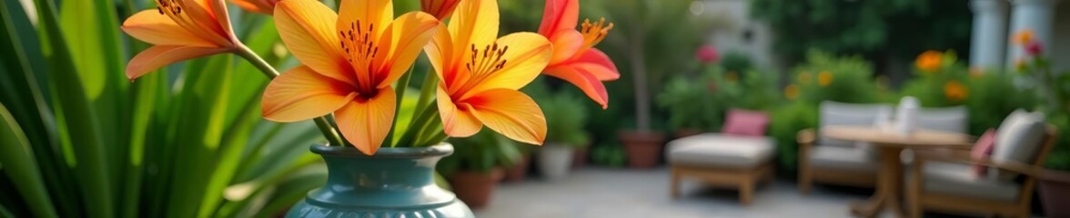 Obraz premium Close-up of exotic flowers in traditional ceramic vase on patio, ceramic vase, riad