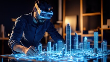 Person wearing vr headset interacts with holographic city model on a table.