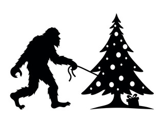 Bigfoot Silhouette Dragging Christmas Tree Vector Illustration