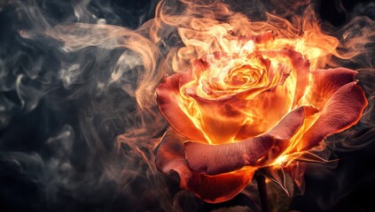 A rose is engulfed in flames surrounded by dark smoke.