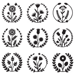 Set of circle floral frame with black silhouettes of meadow herbs. Floral wreaths. Element design. Vector illustration. with white background