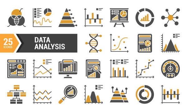 25 Data Analysis Glyph Icons in Two Colors.