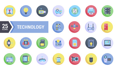 Colorful Flat Technology Icons in Circles.