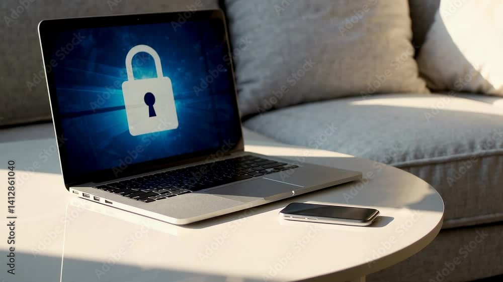 Poster digital security scene featuring secure login interface displayed on laptop near smartphone, positio
