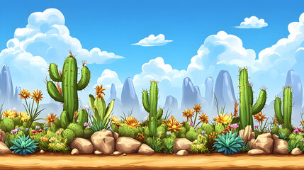 Pixel Art Desert Landscape with Cacti and Mountains Under a Blue Cloudy Sky in an 8-Bit Style Retro Desert Scene Animation