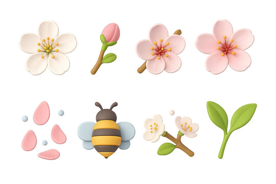 Floral and bee icons set - 3d style for spring and nature themes