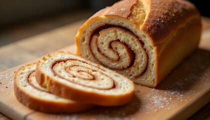 Golden-brown cinnamon loaf with swirls, fresh from the oven on a wooden surface