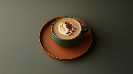 Aromatic cappuccino resting in sleek green ceramic cup with coordinating saucer, highlighting coffee culture against neutral background