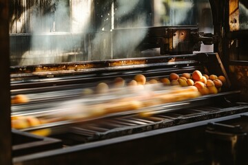 Fresh Peaches Moving on Conveyor Belt in Industrial Processing Facility