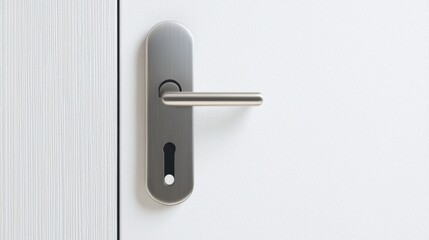 Naklejka premium Modern silver door handle with keyhole on a white door panel, close-up of a sleek contemporary door lock and handle design for interior security and style.