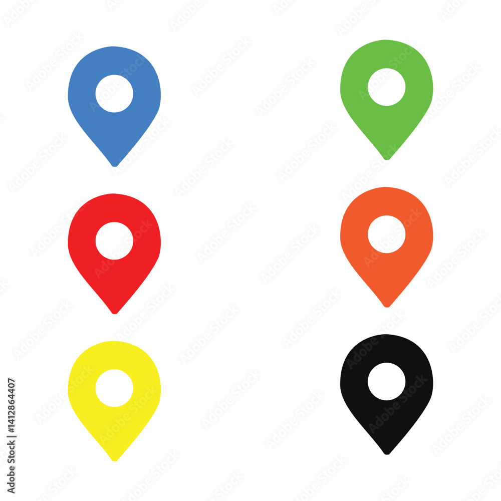 Poster colorful location markers: a set of six colorful location pin icons, each in a distinct hue, providi