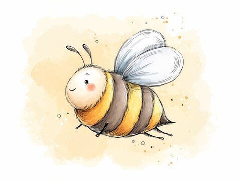 Una abeja de dibujos animados con una expresi&oacute;n sonriente flota sobre un fondo salpicado de puntos.