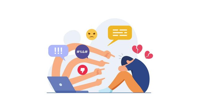 Cyberbullying and cyberstalking Animated 2d. Negative aspect and psychological effect of social media on teens. Online harassment with mean and hurtful messages video 4k resolution