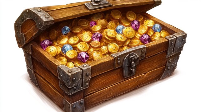 Treasure Chest Gold Coins Jewels Isolated.