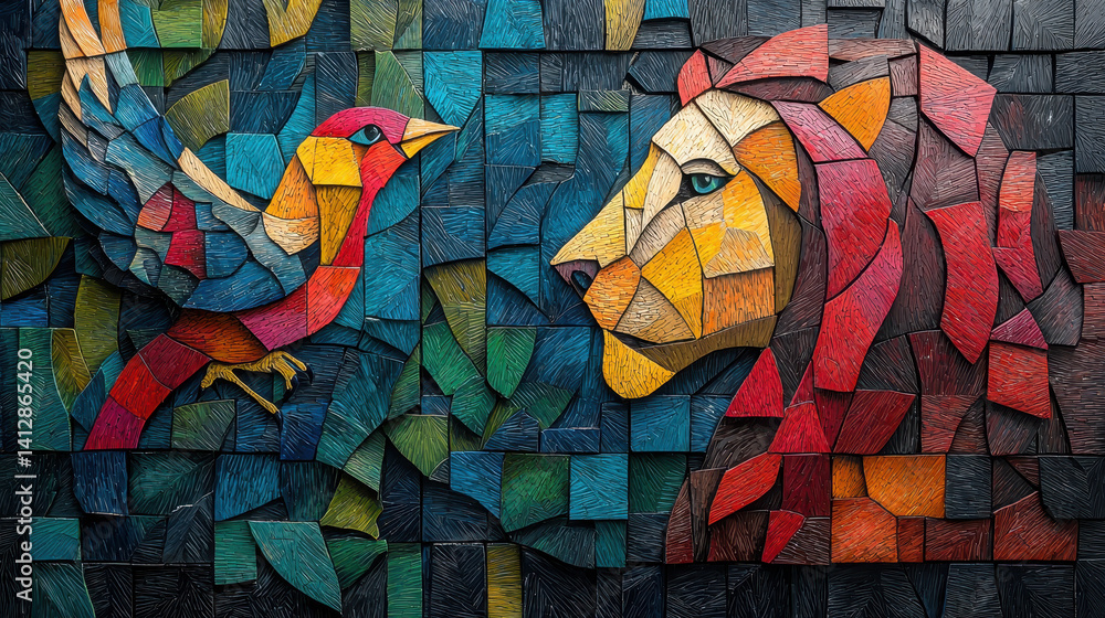 Poster colorful cubist representation of a lion and a bird in dynamic abstract shapes and playful forms
