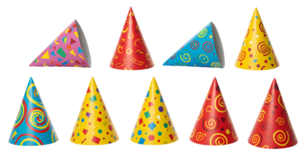 Bright party hats with fun patterns on transparent background