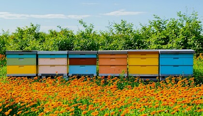 a row of brightly colored beehives stands amidst a vibrant field of orange flowers with lush green foliage in the background.