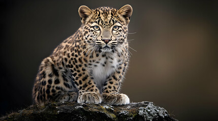 Naklejka premium Young Leopard Cub Sitting On Rock