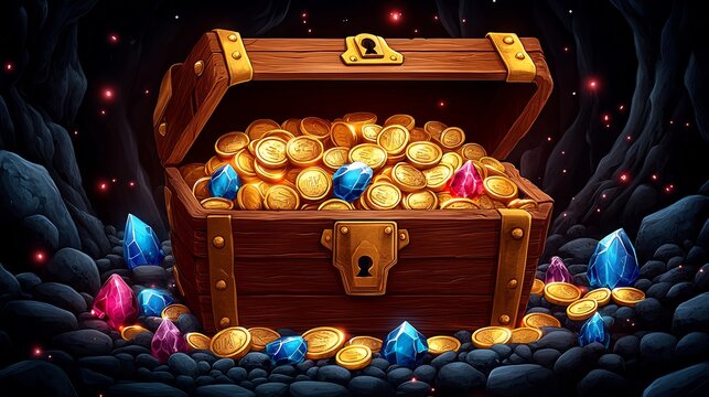 Treasure chest with gold coins and gems.