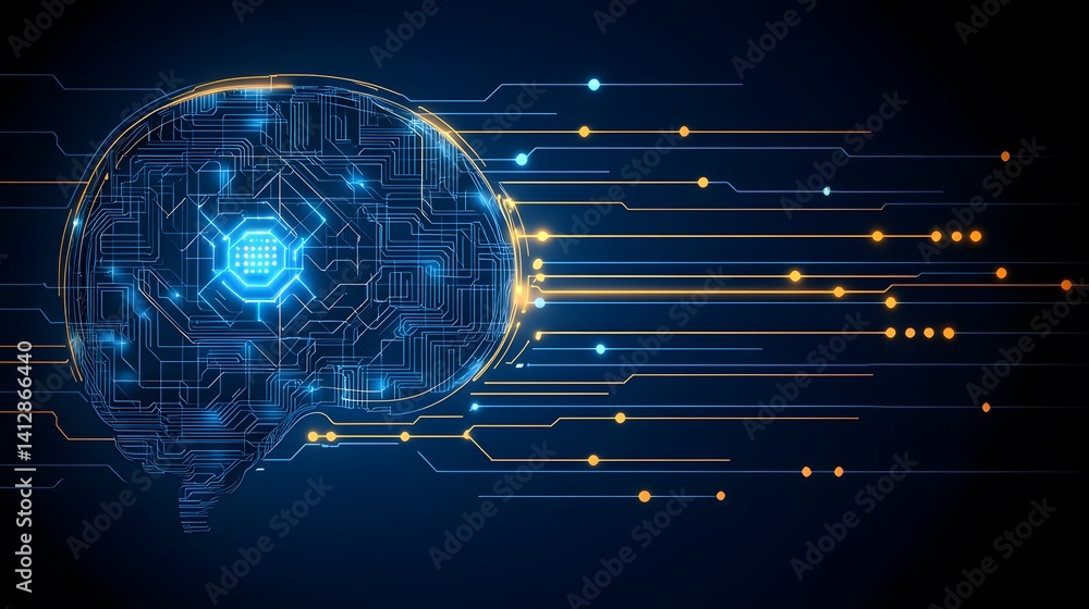 Poster technological representation of a human brain, symbolizing artificial intelligence.
