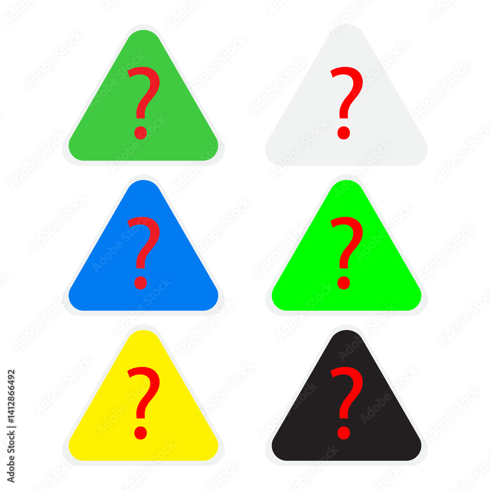 Poster question mark triangles in color: a set of six colorful question mark triangle icons, each with a di