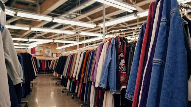 Cozy secondhand boutique displays carefully arranged garments on stylish hangers, blending thrift fashion with charm and sustainability. Conscious of secondhand lifestyle and reasonable consumption