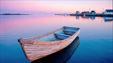 Obraz premium A serene wooden boat floats on calm waters at sunset, reflecting vibrant hues of pink and blue, surrounded by charming coastal homes.