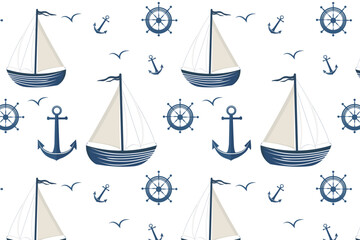 Marine pattern: sailboats, anchors, ship wheels, and seagulls in blue-and-white tones on a white background, ideal for travel, sea, and decor themes.